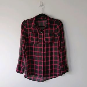 SO Chic Sheer Button-up Long Sleeve Shirt Black Pink with Collar